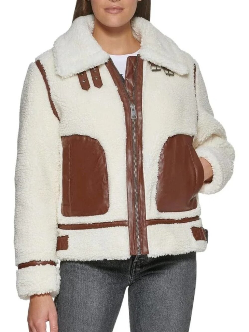 LEVI'S Jacket Womens XL White Faux Fur Shearling Bomber Aviator Zip LW1JS475